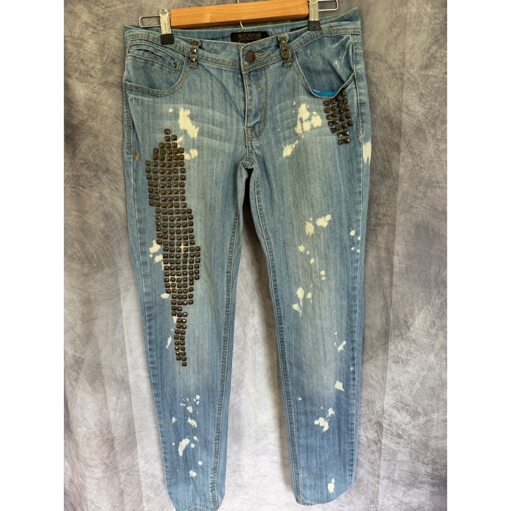Rocawear Women Blue Bleached Studded Skinny Jeans Size 9 Y2K Streetwear Denim